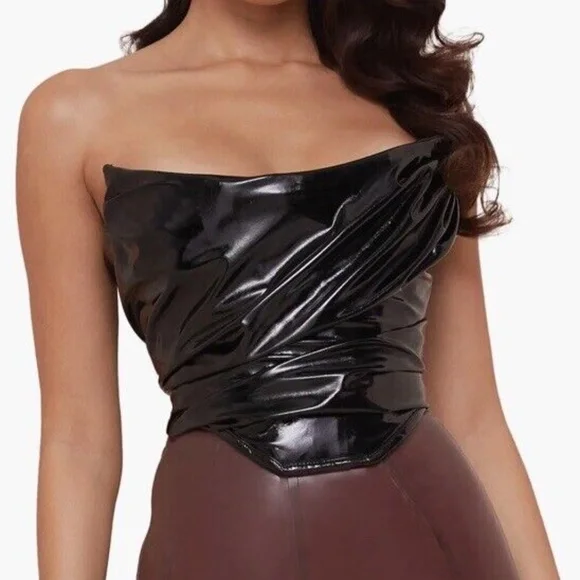 House Of Cb Marla Faux Patent Leather Corset Top Extra Small Black NWT - Picture 1 of 6